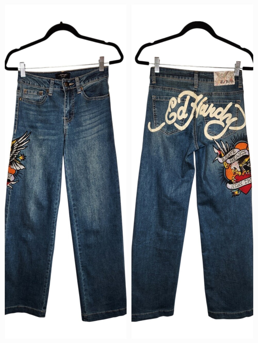 Ed Hardy Y2K Brave Heart Stay True Embroidered Wide Leg Jeans Size 24